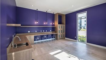 A kitchen with a purple wall and a sink